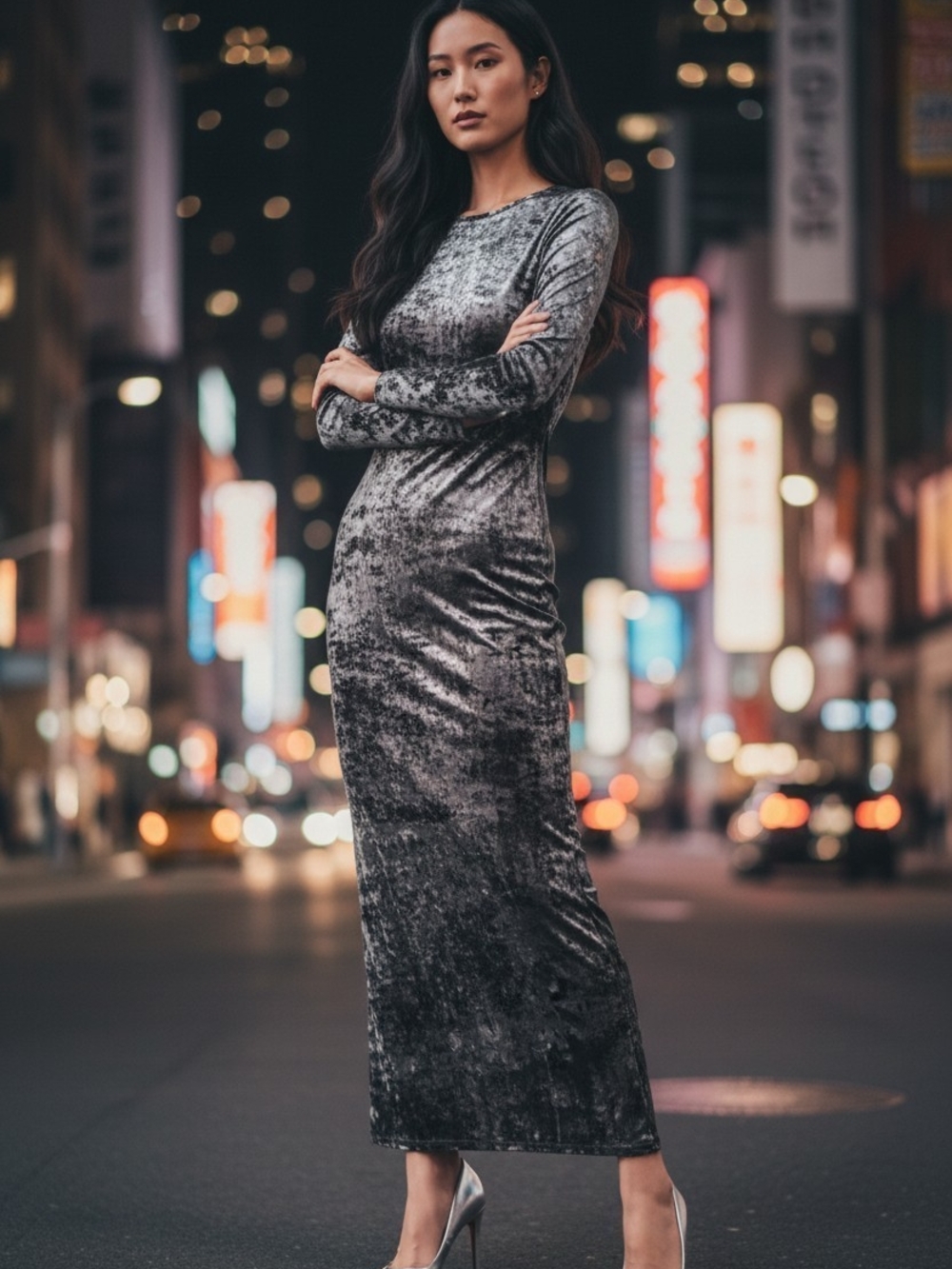 River Island Charcoal Crushed Velvet Maxi Dress